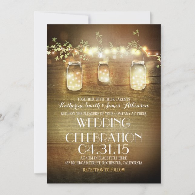 Rustic Mason Jars String Lights Elegant Wedding Invitation (Front)