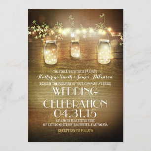 Rustic Mason Jars String Lights Elegant Wedding Invitation