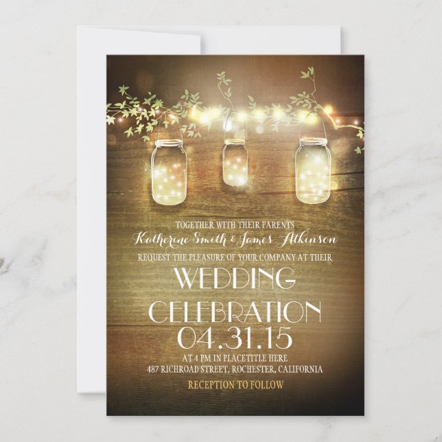 Rustic Mason Jars String Lights Elegant Wedding Invitation (Front)