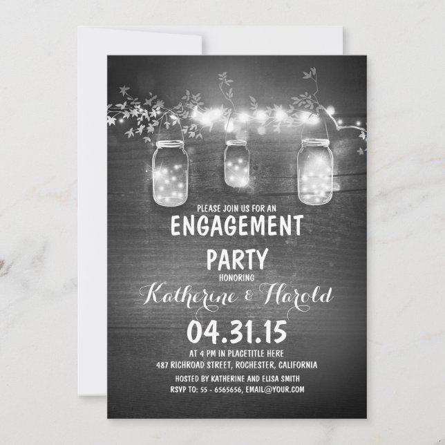 rustic mason jars & string lights engagement party invitation (Front)