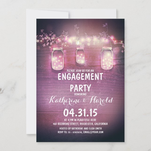 rustic mason jars & string lights engagement party invitation (Front)