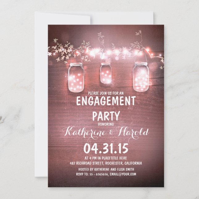 rustic mason jars & string lights engagement party invitation (Front)