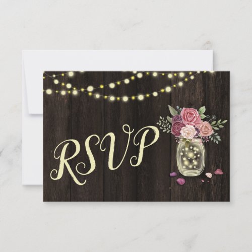 Rustic Mason Jars String Lights Floral Dark Wood RSVP Card