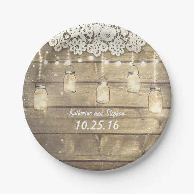 rustic mason jars string lights lace wood paper plates | Zazzle