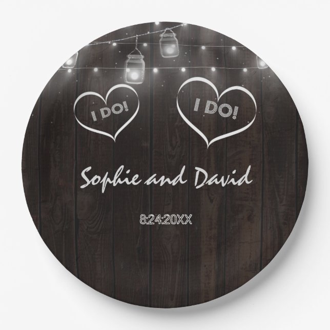 Rustic Mason Jars String Lights Old Barn Wedding Paper Plates (Front)