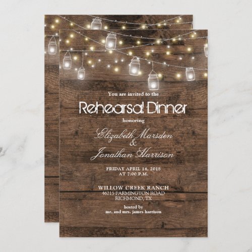 Rustic Mason Jars String Lights Rehearsal Dinner Invitation