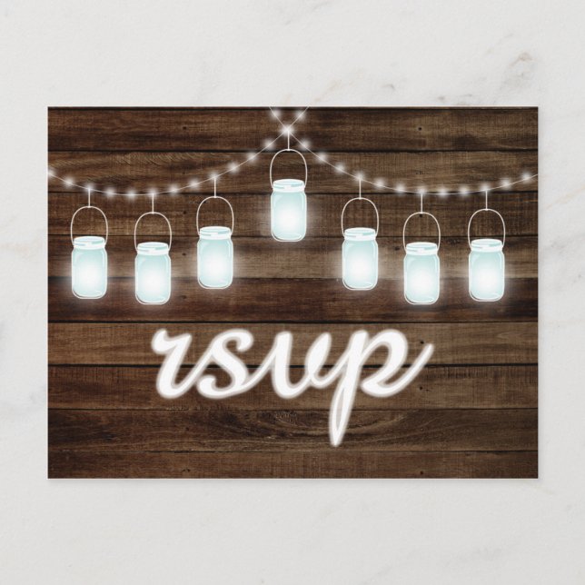 Rustic Mason Jars String Lights RSVP Invitation Postcard (Front)