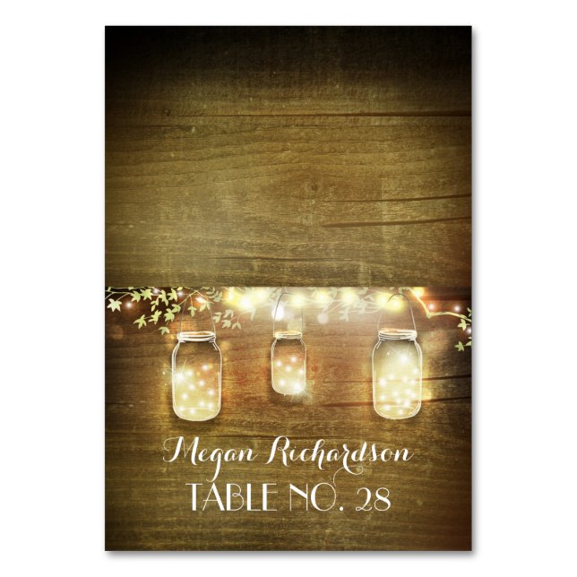 Rustic Mason Jars String Lights Wedding Escort Table Number (Front)