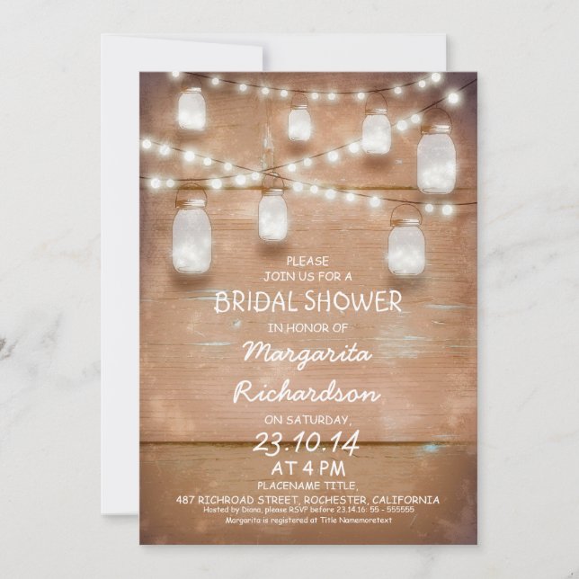 rustic mason jars with lights bridal shower invite (Front)