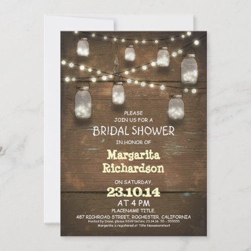 rustic mason jars with lights bridal shower invite