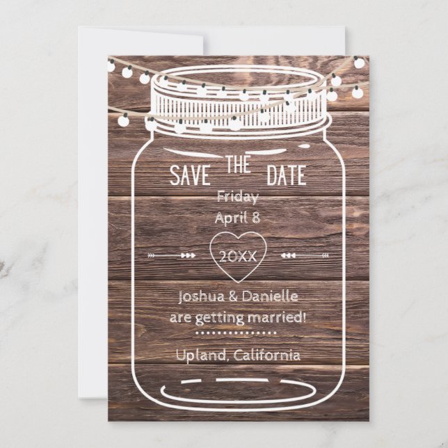 Rustic Mason String Lights Jar Save the Date Card (Front)