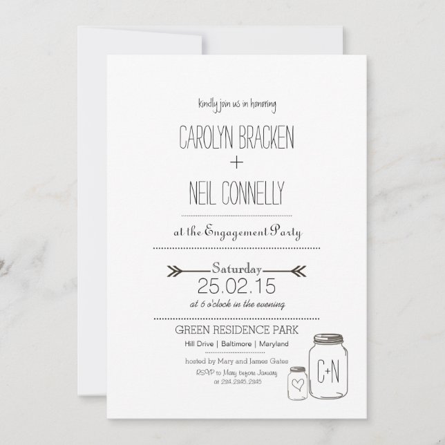 Rustic Masonjar Arrow Heart Engagement Party Invitation (Front)