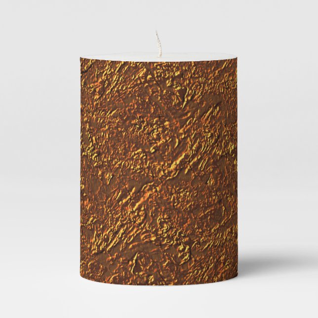 Rustic masonry style brown and gold tone pillar candle (Front)