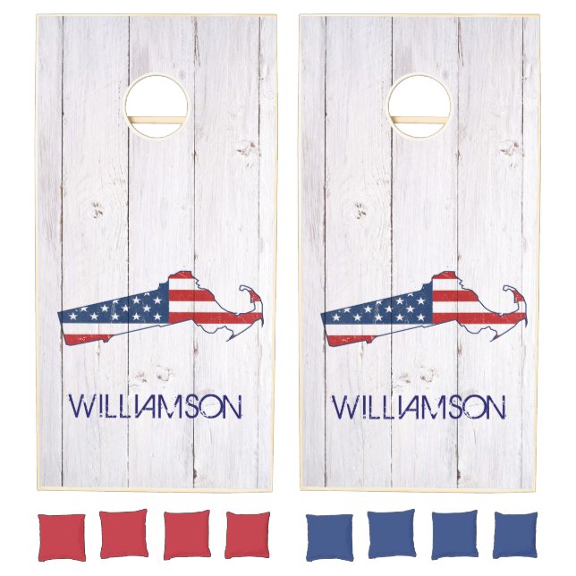 Rustic Massachusetts Red White Blue Flag July 4th Cornhole Set (Set)