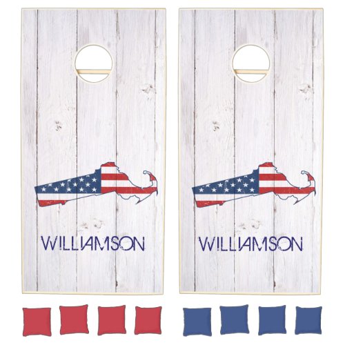 Rustic Massachusetts Red White Blue Flag July 4th Cornhole Set