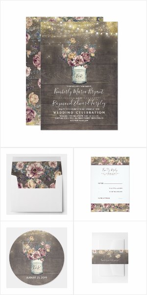 Rustic Mauve and Gold Floral Mason Jar Wedding Invitation Set