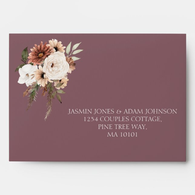 Rustic Mauve Peach Floral Elegant Wedding Envelope (Front)