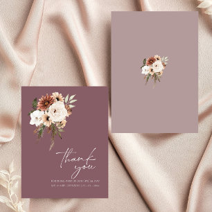 Rustic Mauve Peach Floral Script Wedding Thank You