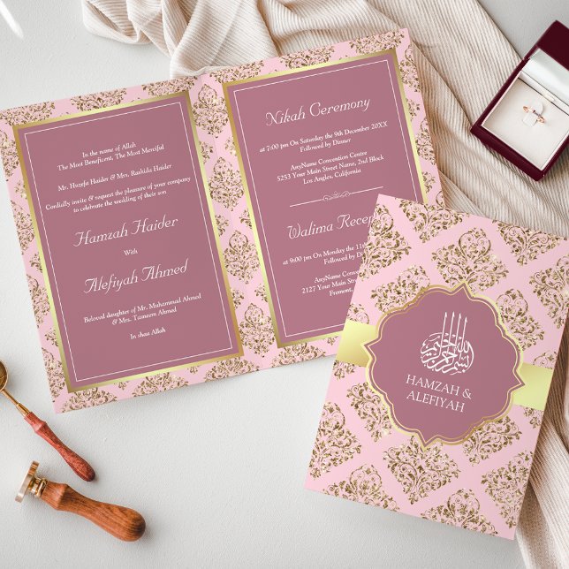 Rustic Mauve Pink Gold Damask Muslim Wedding Invitation (Creator Uploaded)