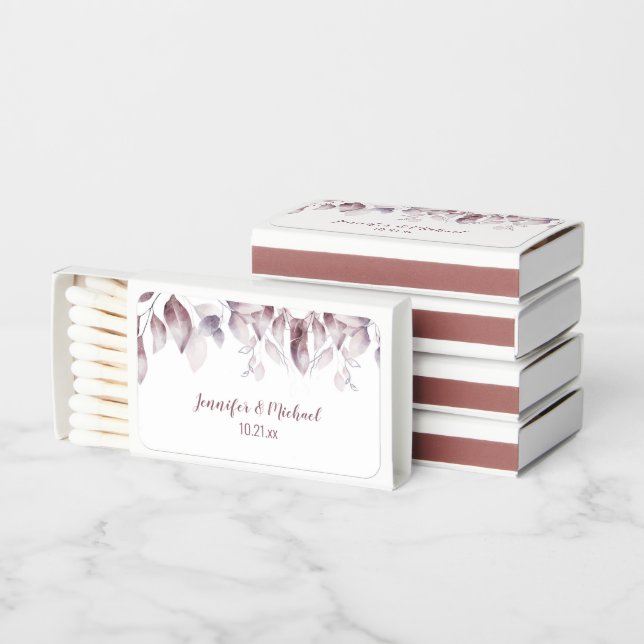Rustic Mauve Pink Leaves Botanical Wedding Matchboxes (Stacked)