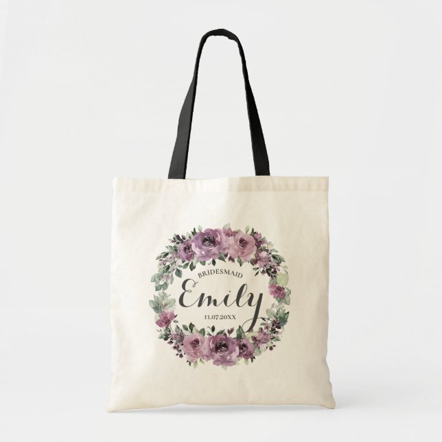 Rustic Mauve Plum Purple Floral Bridesmaid Favor  Tote Bag (Front)
