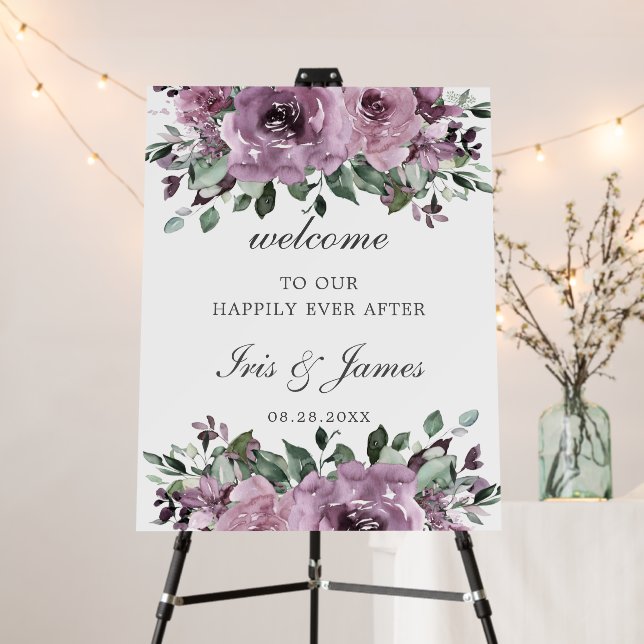Rustic Mauve Plum Purple Floral Wedding Welcome Foam Board (In Situ (Stand))