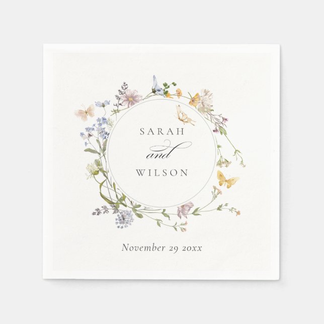 Rustic Meadow Floral Wreath Butterfly Wedding Napkins (Front)