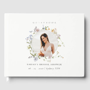 Rustic Meadow Floral Wreath Photo Bridal Shower Guest Book
