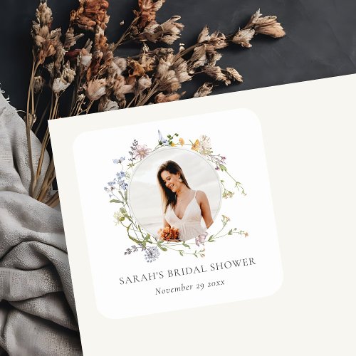 Rustic Meadow Floral Wreath Photo Bridal Shower Square Sticker