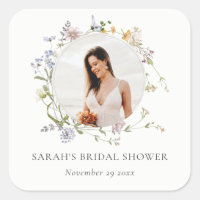 Rustic Meadow Floral Wreath Photo Bridal Shower Square Sticker