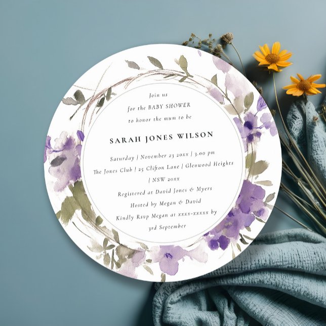 Rustic Meadow Lilac Floral Wreath Baby Shower Invitation (Creator Uploaded)