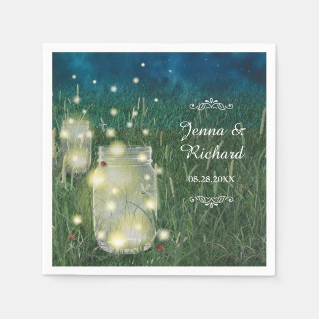 Rustic Meadow Summer Night Mason Jar and Fireflies Paper Napkins (Front)