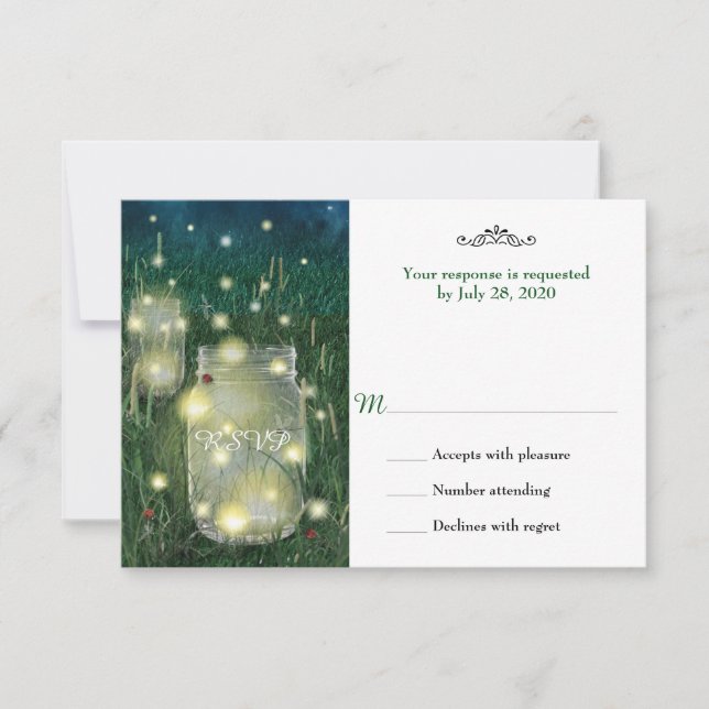 Rustic Meadow Summer Night Mason Jar Firefly RSVP Card (Front)