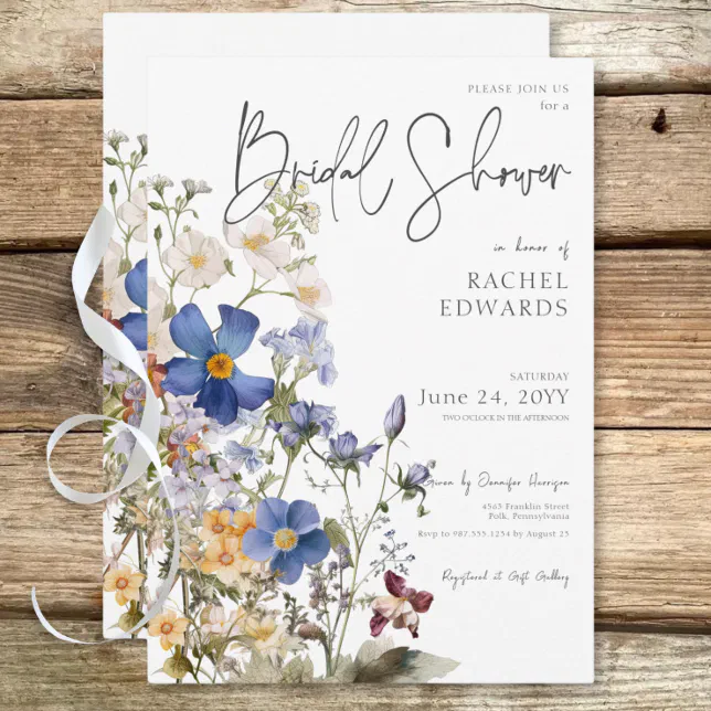 Rustic Meadow Wildflowers Watercolor Bridal Shower Invitation | Zazzle