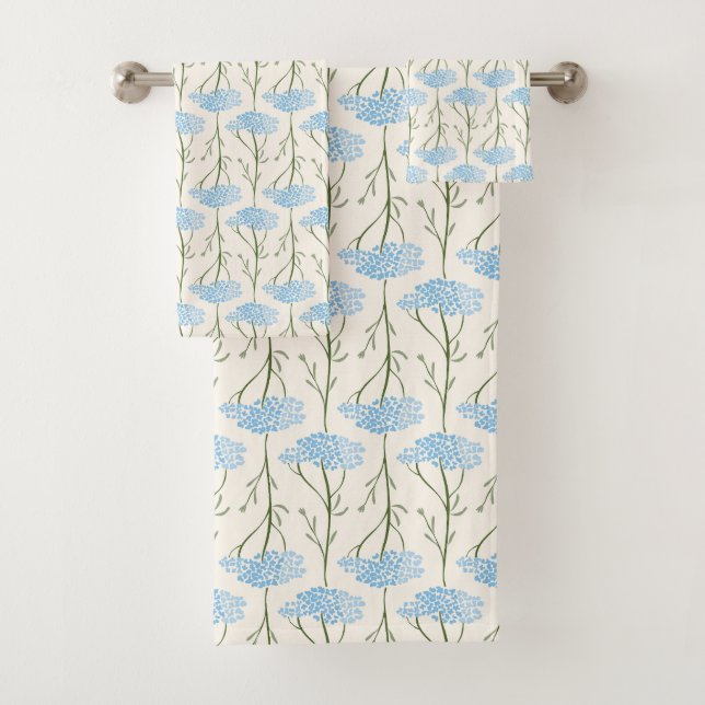 Rustic Meadow Yarrow Wildflower Botanical Sky Blue Bath Towel Set (Insitu)