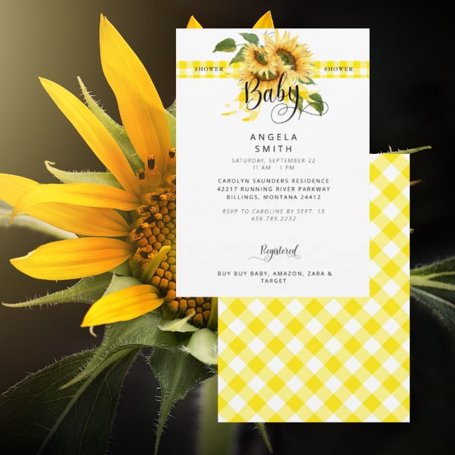 Rustic Meadow Yellow Gingham Sunflower Baby Shower Invitation (Creator Uploaded)