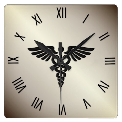 Rustic Medical Caduceus w Black numbers Square Wall Clock