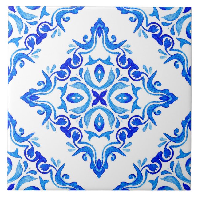 Rustic Mediterranean Blue and White Ceramic Tile (Front)