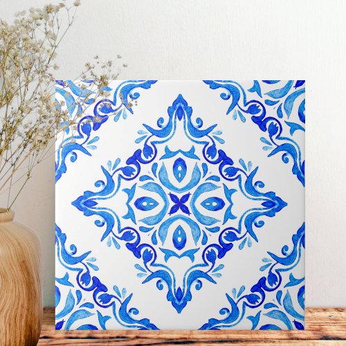 Rustic Mediterranean Blue and White Ceramic Tile