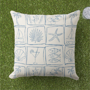 Rustic Mediterranean Coastal Tile Linen Cobalt Outdoor Pillow