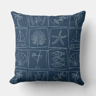 Rustic Mediterranean Coastal Tile Nautical Navy Outdoor Pillow