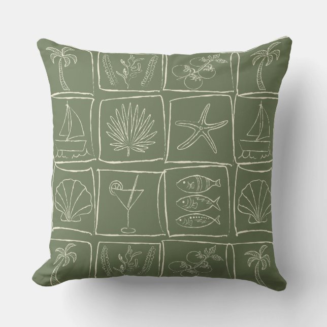 Rustic Mediterranean Coastal Tile Olive Grove Outdoor Pillow (Front)