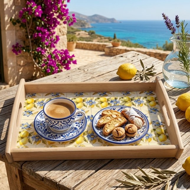 Rustic Mediterranean Lemon Tile Serving Tray MH26 (Rustic Mediterranean Lemon and Blue Floral Tile Effect Wood Serving Tray.)