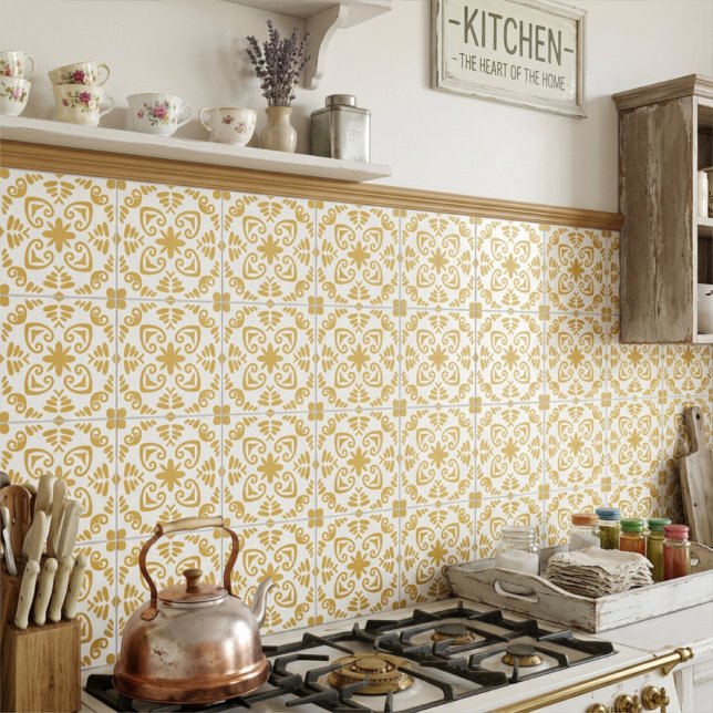 Rustic Mediterranean Mustard Yellow White Ceramic Tile (Creator Uploaded)