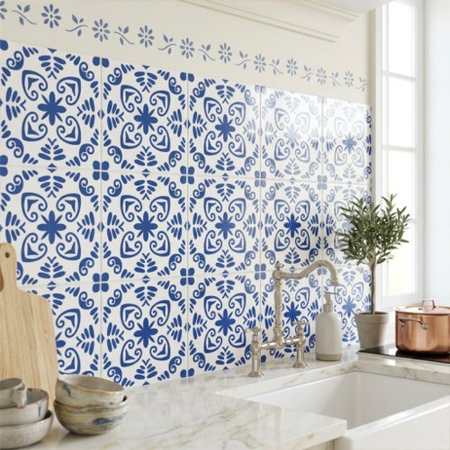 Rustic Mediterranean Navy Blue White Ceramic Tile