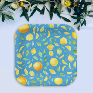 Rustic Mediterranean Yellow Lemons Blue Watercolor Paper Plates
