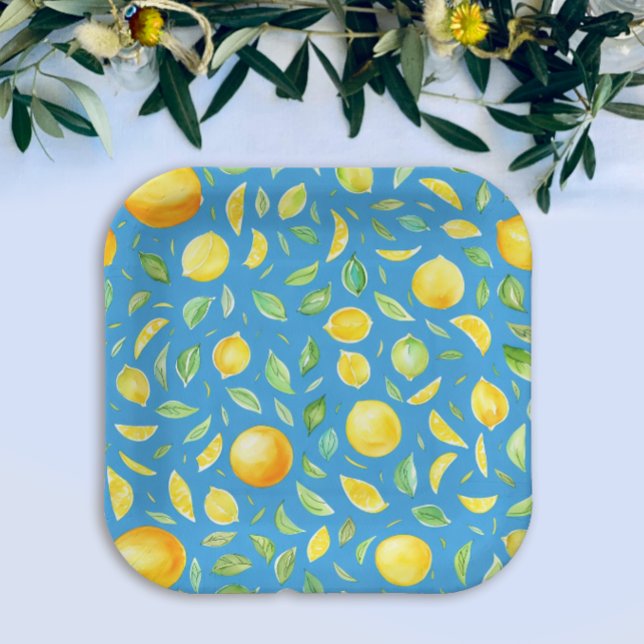 Rustic Mediterranean Yellow Lemons Blue Watercolor Paper Plates (Creator Uploaded)