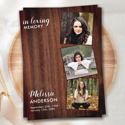 Rustic Memorial 3 Photo Collage Sympathy Funeral Thank You Card