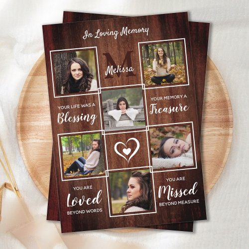 Rustic Memorial 6 Photo Collage Funeral Sympathy  Thank You Card