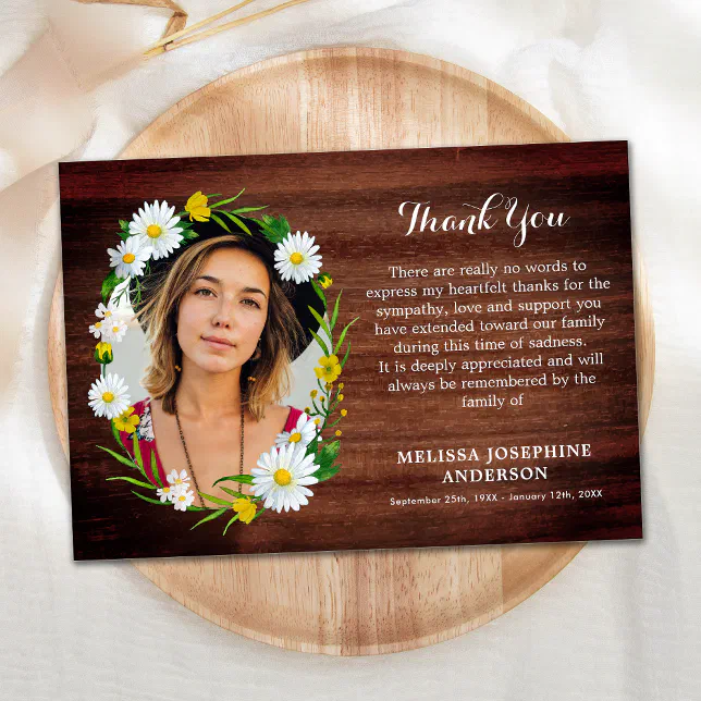 Rustic Memorial Daisy Floral Sympathy Funeral Thank You Card | Zazzle